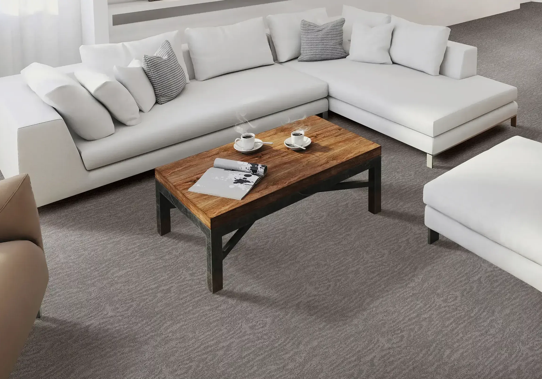 Modern living room with carpet floor